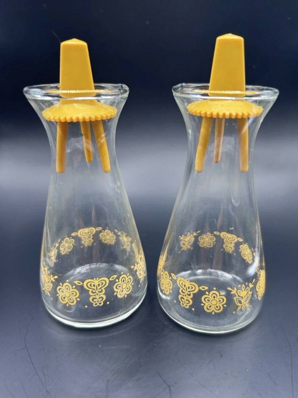 Vintage 1970s Pyrex Corelle Butterfly Gold Salt Pepper Oil Vinegar Shakers